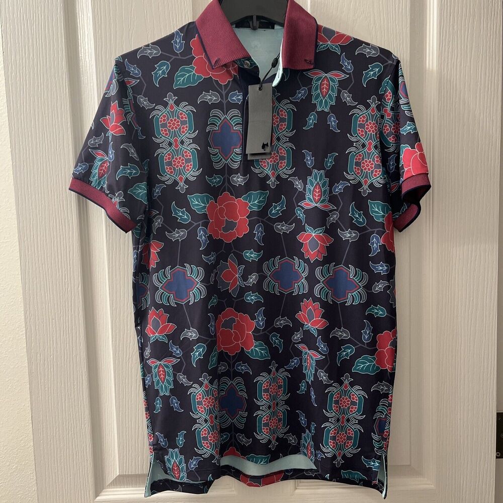 Greyson Golf Men’s Polo Shirt Small Mountain Laurel Print Raven‎